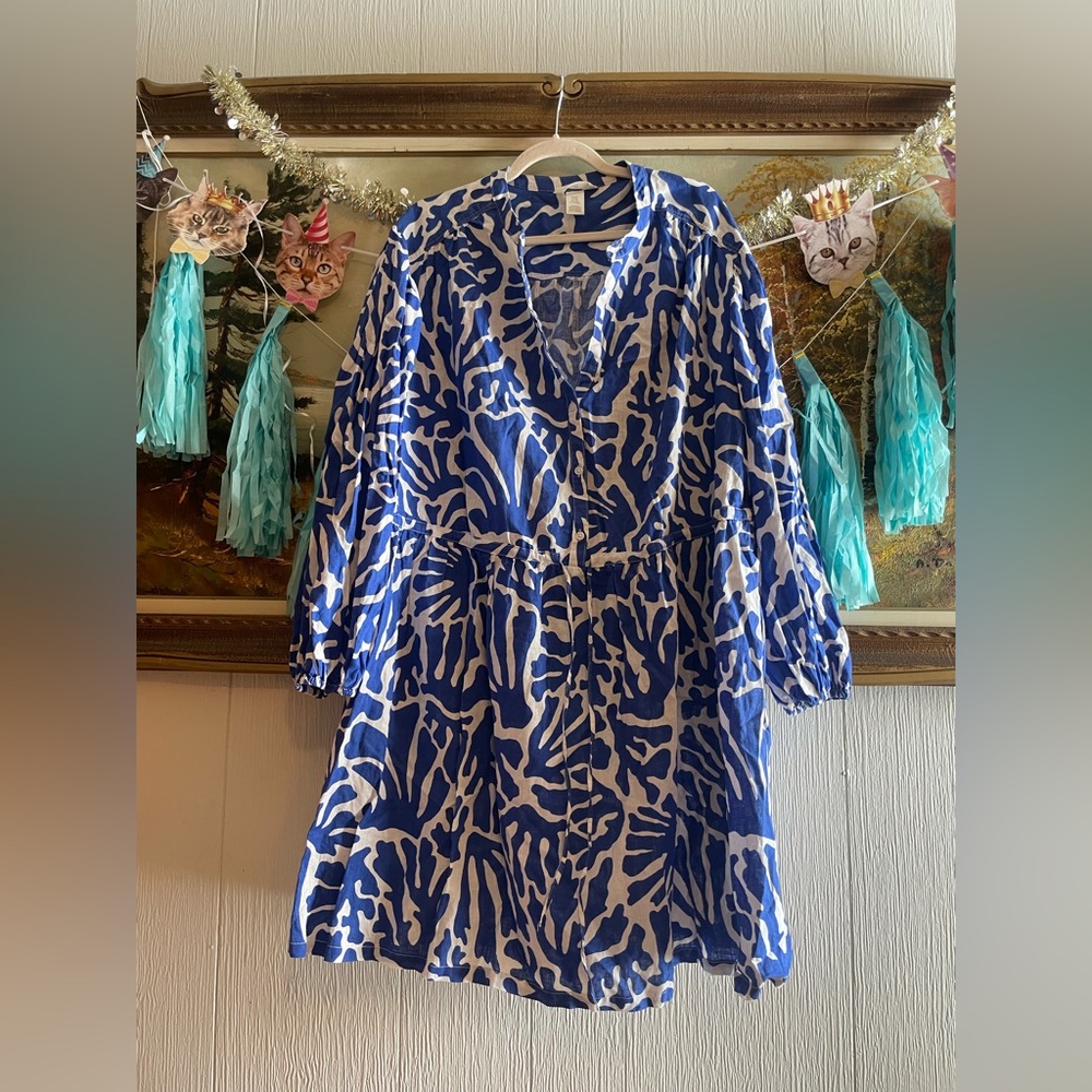 H&M Blue and White Long Sleeve Linen Blend Printed V-Neck Dress. Size XXL. EUC.